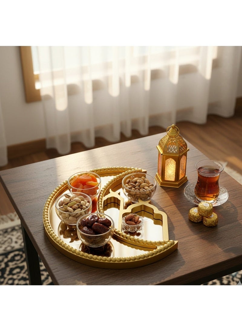 صينية تقديم هلال رمضان - صينية طعام مزخرفة على شكل هلال من المعدن الذهبي العاكس، مناسبة لعيد مبارك، وديكور رمضان، وأطباق المقبلات والوجبات الخفيفة والحلويات لحفلات المنزل (النوع 2) - Image 4